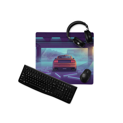 Ford Mustang Shelby GT500 Inspired Orange Vaporwave Gaming Mouse Pad – Neon Blue Purple Race Garage Desk Mat with Retro Futuristic Track Art
