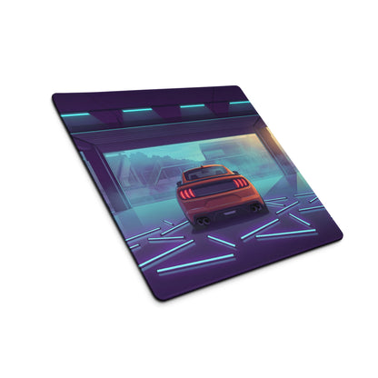 Ford Mustang Shelby GT500 Inspired Orange Vaporwave Gaming Mouse Pad – Neon Blue Purple Race Garage Desk Mat with Retro Futuristic Track Art