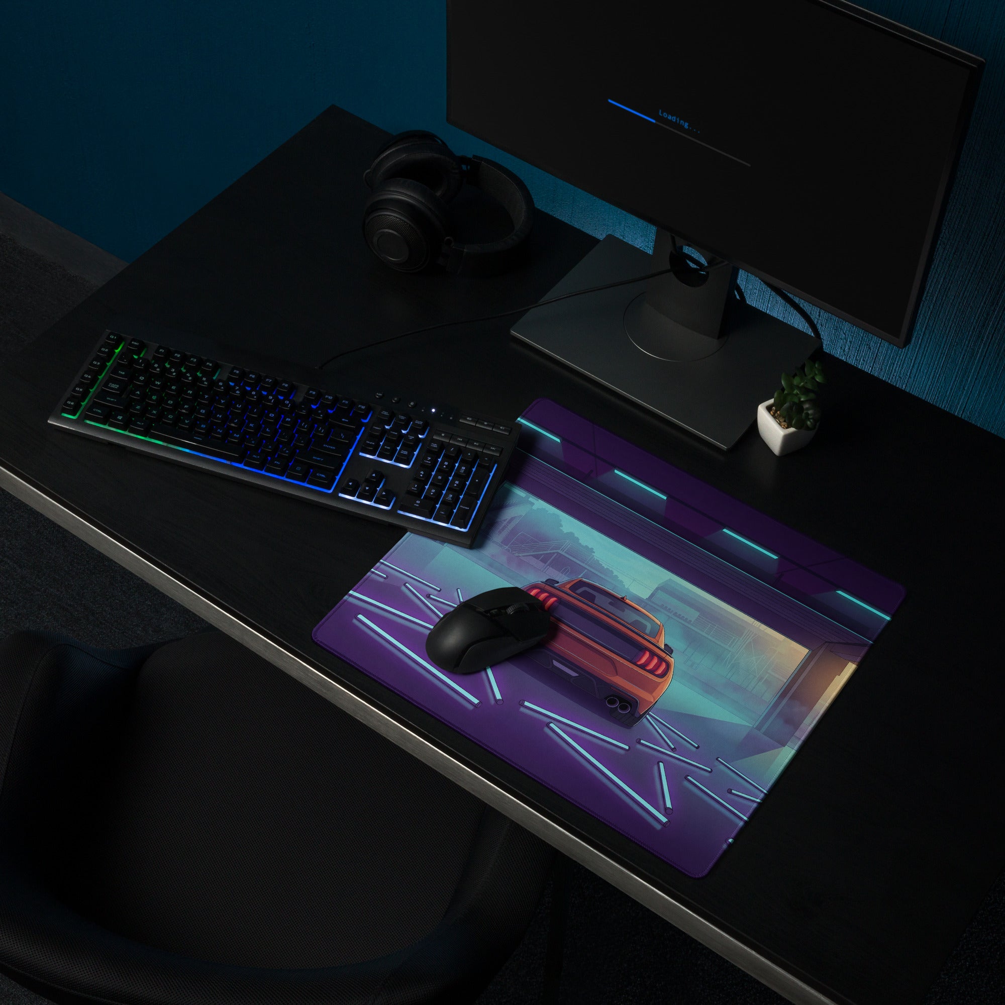 Ford Mustang Shelby GT500 Inspired Orange Vaporwave Gaming Mouse Pad – Neon Blue Purple Race Garage Desk Mat with Retro Futuristic Track Art