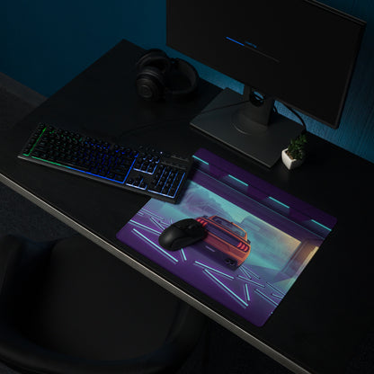 Ford Mustang Shelby GT500 Inspired Orange Vaporwave Gaming Mouse Pad – Neon Blue Purple Race Garage Desk Mat with Retro Futuristic Track Art