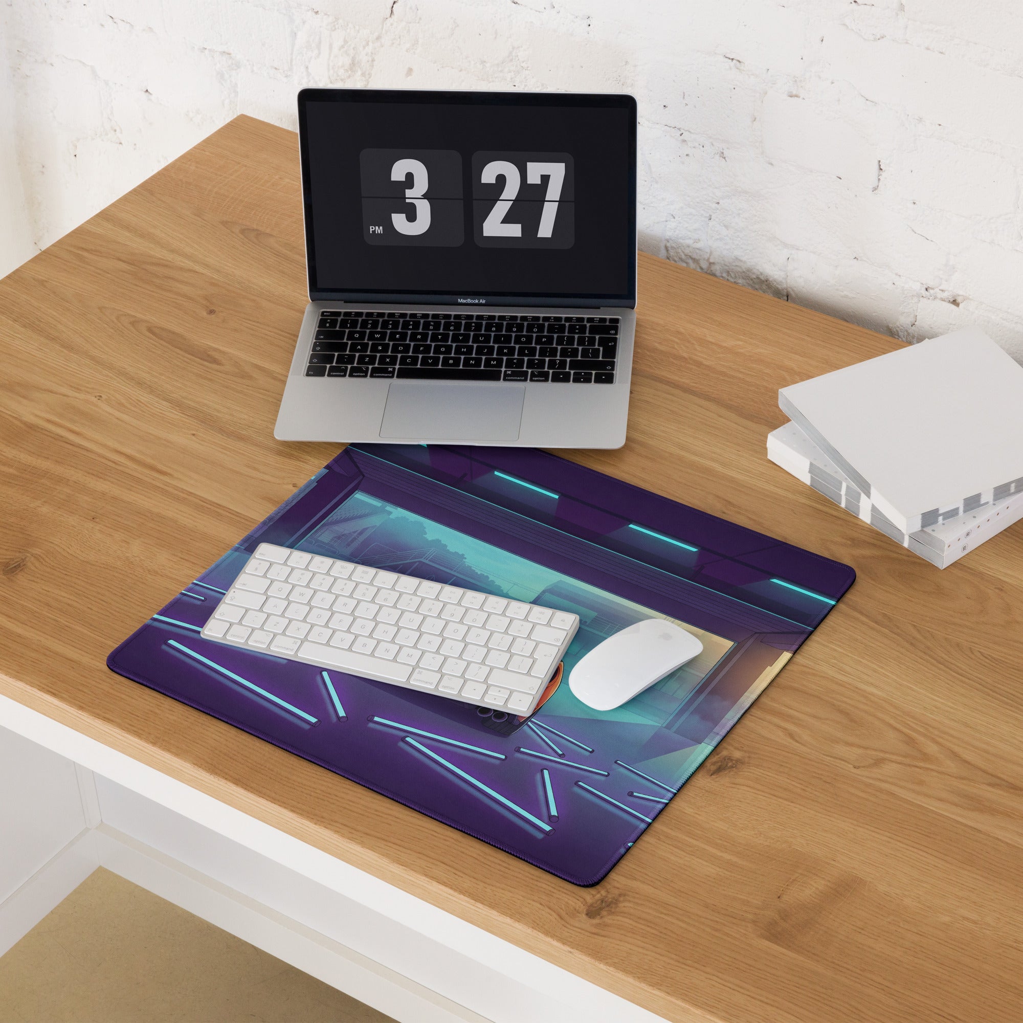 Ford Mustang Shelby GT500 Inspired Orange Vaporwave Gaming Mouse Pad – Neon Blue Purple Race Garage Desk Mat with Retro Futuristic Track Art