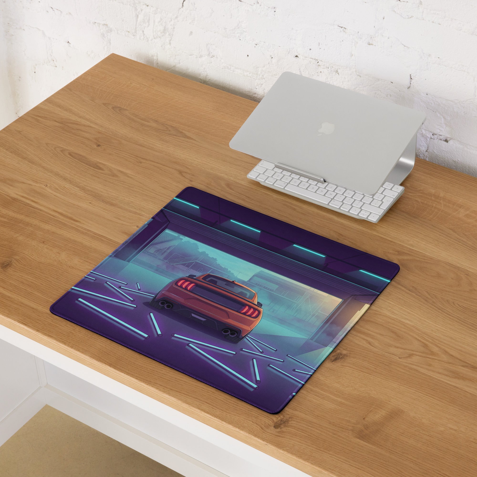 Ford Mustang Shelby GT500 Inspired Orange Vaporwave Gaming Mouse Pad – Neon Blue Purple Race Garage Desk Mat with Retro Futuristic Track Art