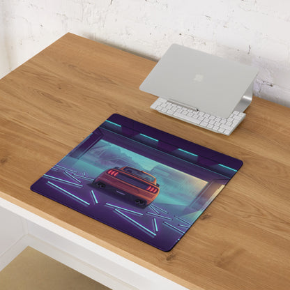 Ford Mustang Shelby GT500 Inspired Orange Vaporwave Gaming Mouse Pad – Neon Blue Purple Race Garage Desk Mat with Retro Futuristic Track Art