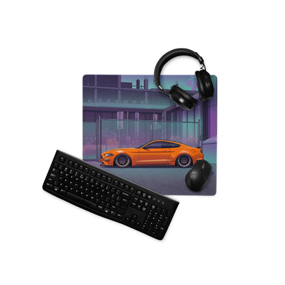 Ford Mustang GT Inspired Orange Vaporwave Gaming Mouse Pad – Purple Teal Urban Garage Desk Mat with Neon Palm Trees and Retro Futuristic Art