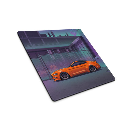 Ford Mustang GT Inspired Orange Vaporwave Gaming Mouse Pad – Purple Teal Urban Garage Desk Mat with Neon Palm Trees and Retro Futuristic Art