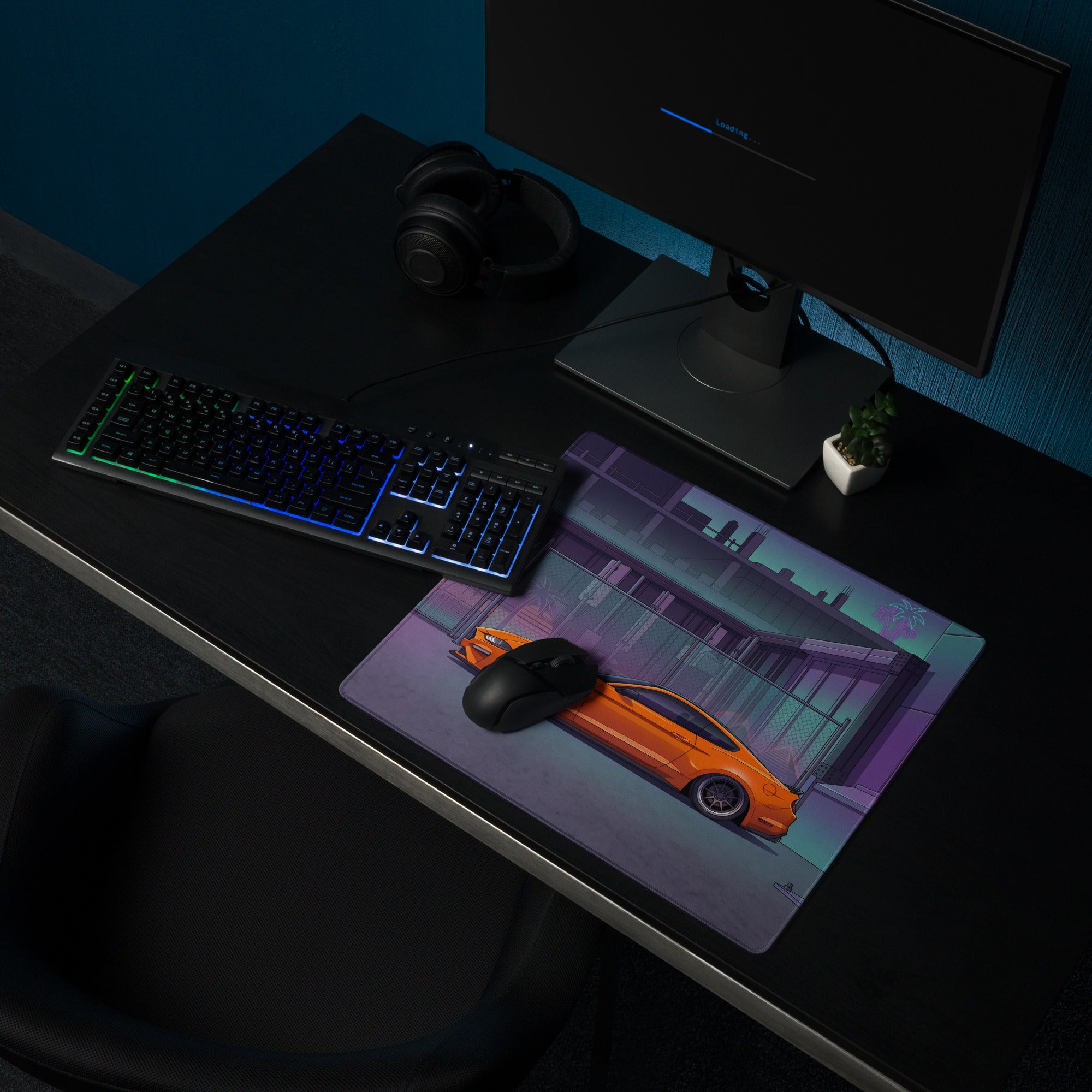 Ford Mustang GT Inspired Orange Vaporwave Gaming Mouse Pad – Purple Teal Urban Garage Desk Mat with Neon Palm Trees and Retro Futuristic Art