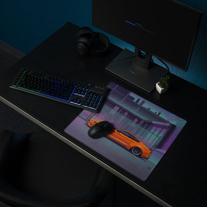 Ford Mustang GT Inspired Orange Vaporwave Gaming Mouse Pad – Purple Teal Urban Garage Desk Mat with Neon Palm Trees and Retro Futuristic Art