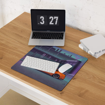 Ford Mustang GT Inspired Orange Vaporwave Gaming Mouse Pad – Purple Teal Urban Garage Desk Mat with Neon Palm Trees and Retro Futuristic Art