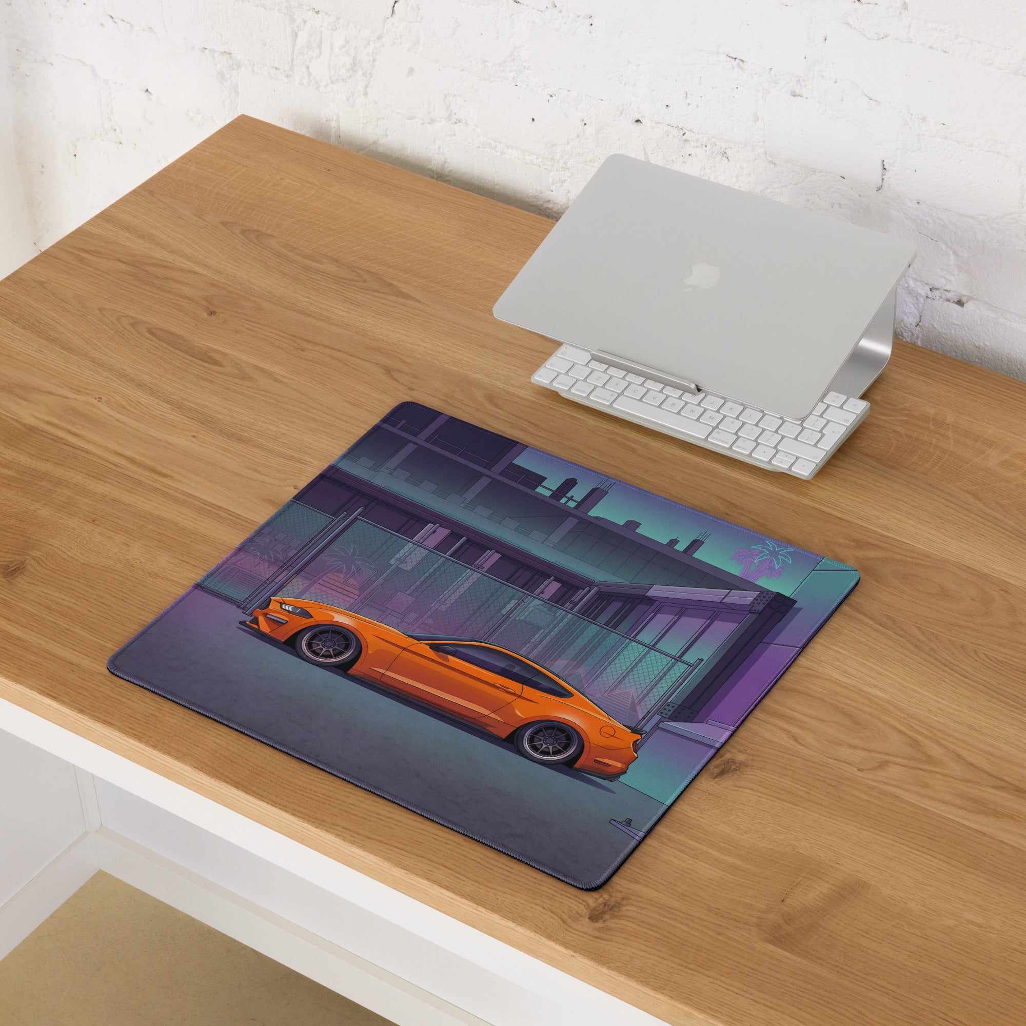 Ford Mustang GT Inspired Orange Vaporwave Gaming Mouse Pad – Purple Teal Urban Garage Desk Mat with Neon Palm Trees and Retro Futuristic Art