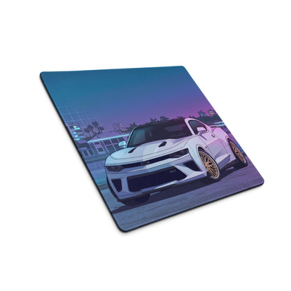 Chevrolet Camaro ZL1 Inspired White Vaporwave Gaming Mouse Pad – Blue Pink Miami Skyline Desk Mat with Retro Futuristic Waterfront Art