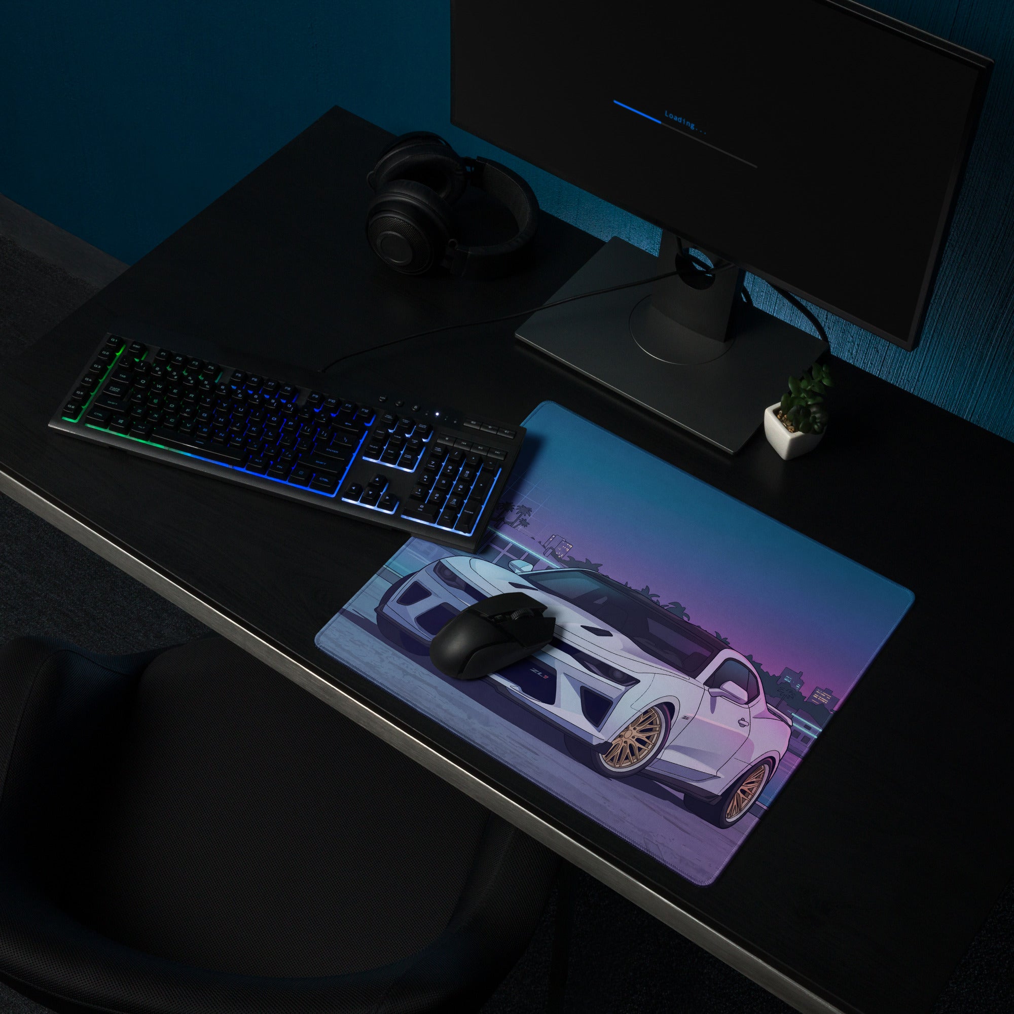 Chevrolet Camaro ZL1 Inspired White Vaporwave Gaming Mouse Pad – Blue Pink Miami Skyline Desk Mat with Retro Futuristic Waterfront Art