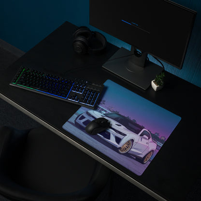 Chevrolet Camaro ZL1 Inspired White Vaporwave Gaming Mouse Pad – Blue Pink Miami Skyline Desk Mat with Retro Futuristic Waterfront Art
