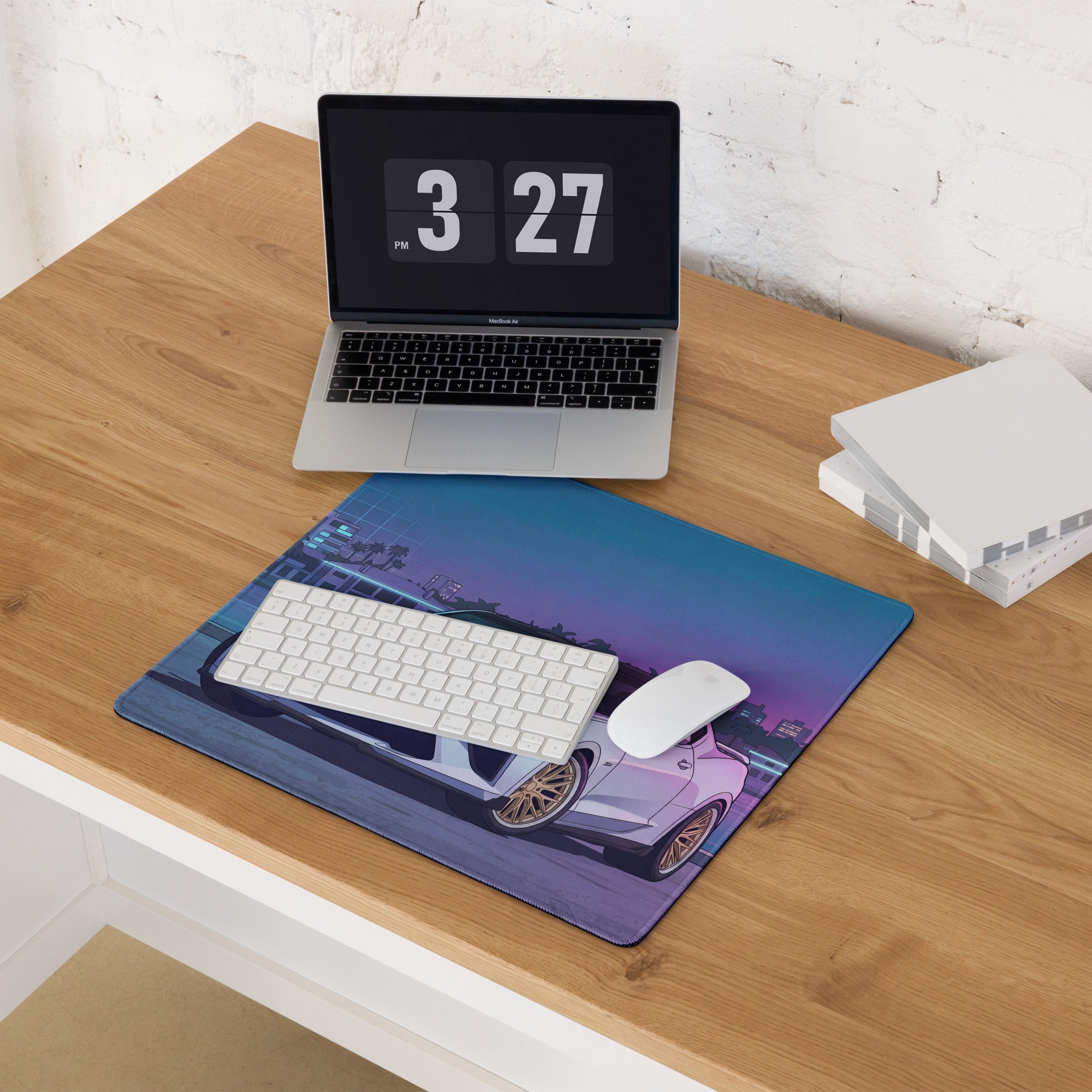 Chevrolet Camaro ZL1 Inspired White Vaporwave Gaming Mouse Pad – Blue Pink Miami Skyline Desk Mat with Retro Futuristic Waterfront Art