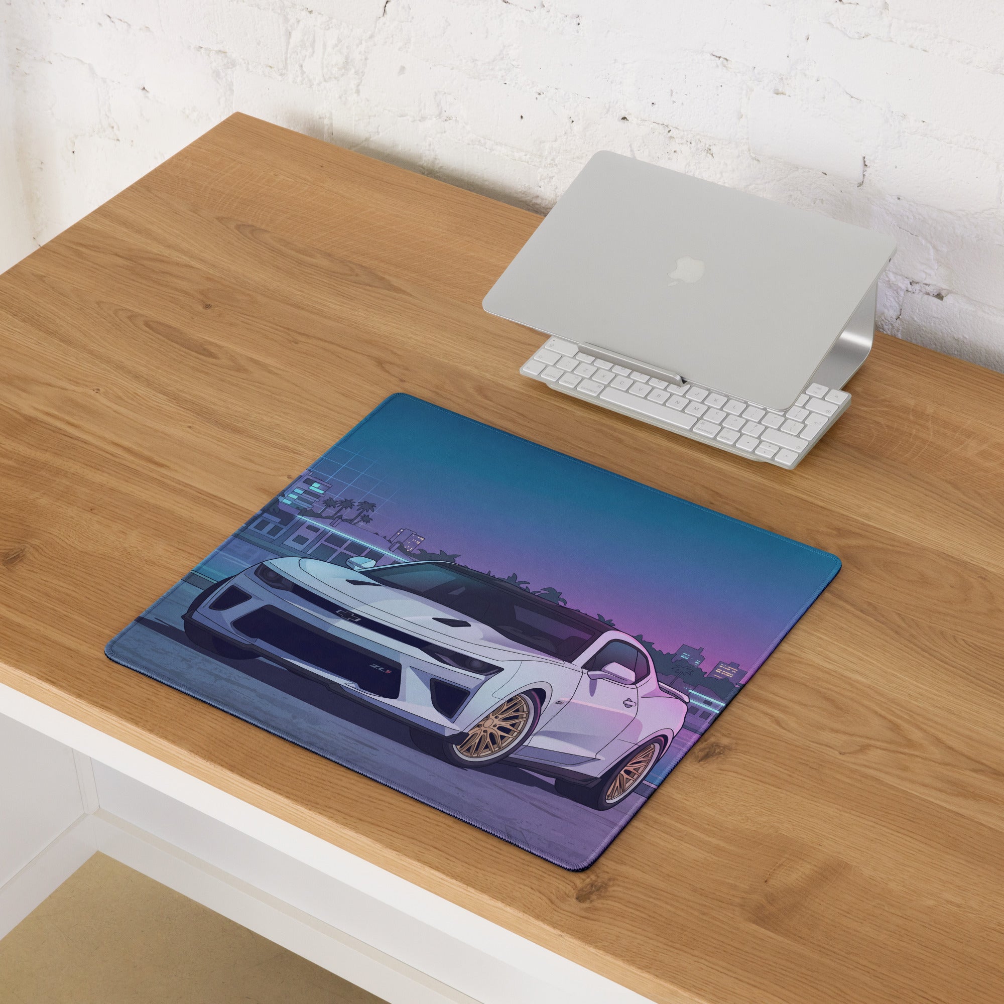 Chevrolet Camaro ZL1 Inspired White Vaporwave Gaming Mouse Pad – Blue Pink Miami Skyline Desk Mat with Retro Futuristic Waterfront Art