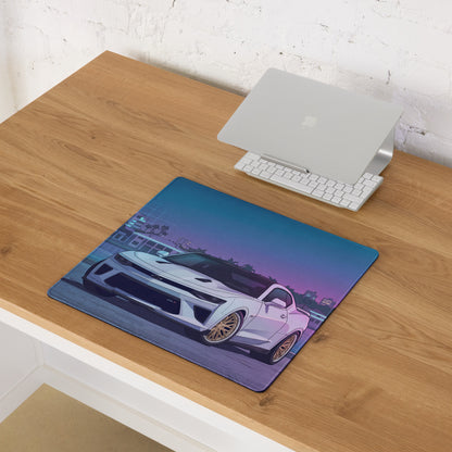 Chevrolet Camaro ZL1 Inspired White Vaporwave Gaming Mouse Pad – Blue Pink Miami Skyline Desk Mat with Retro Futuristic Waterfront Art