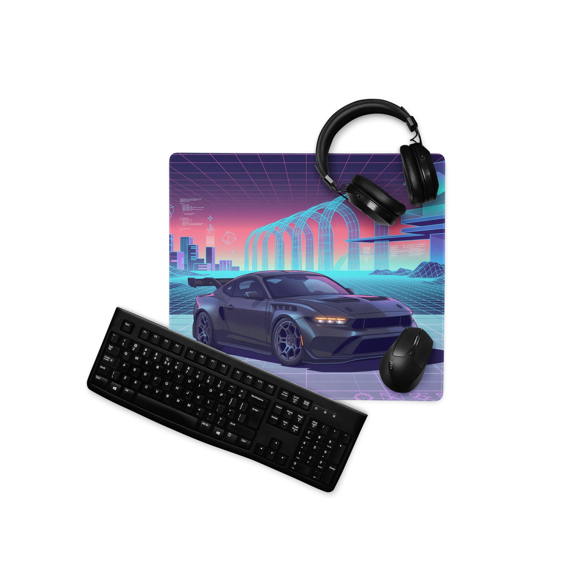 Ford Mustang GTD Inspired Black Vaporwave Gaming Mouse Pad – Neon Cyan Pink Cyber Grid Desk Mat with Retro Futuristic Digital City Art