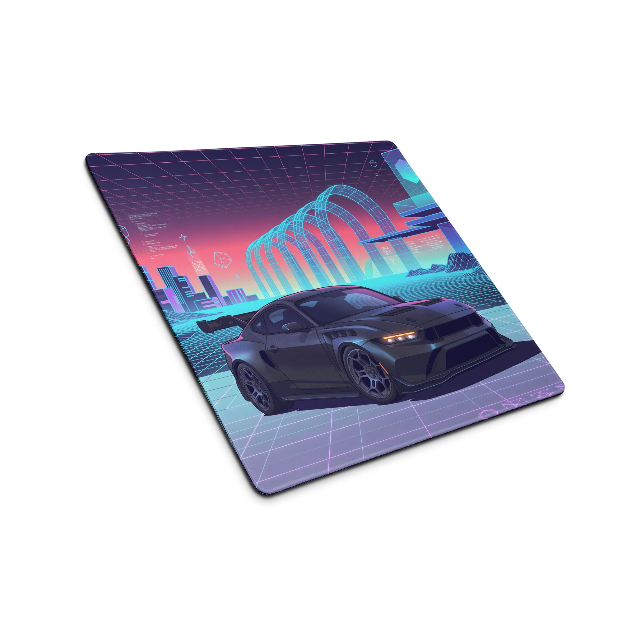 Ford Mustang GTD Inspired Black Vaporwave Gaming Mouse Pad – Neon Cyan Pink Cyber Grid Desk Mat with Retro Futuristic Digital City Art