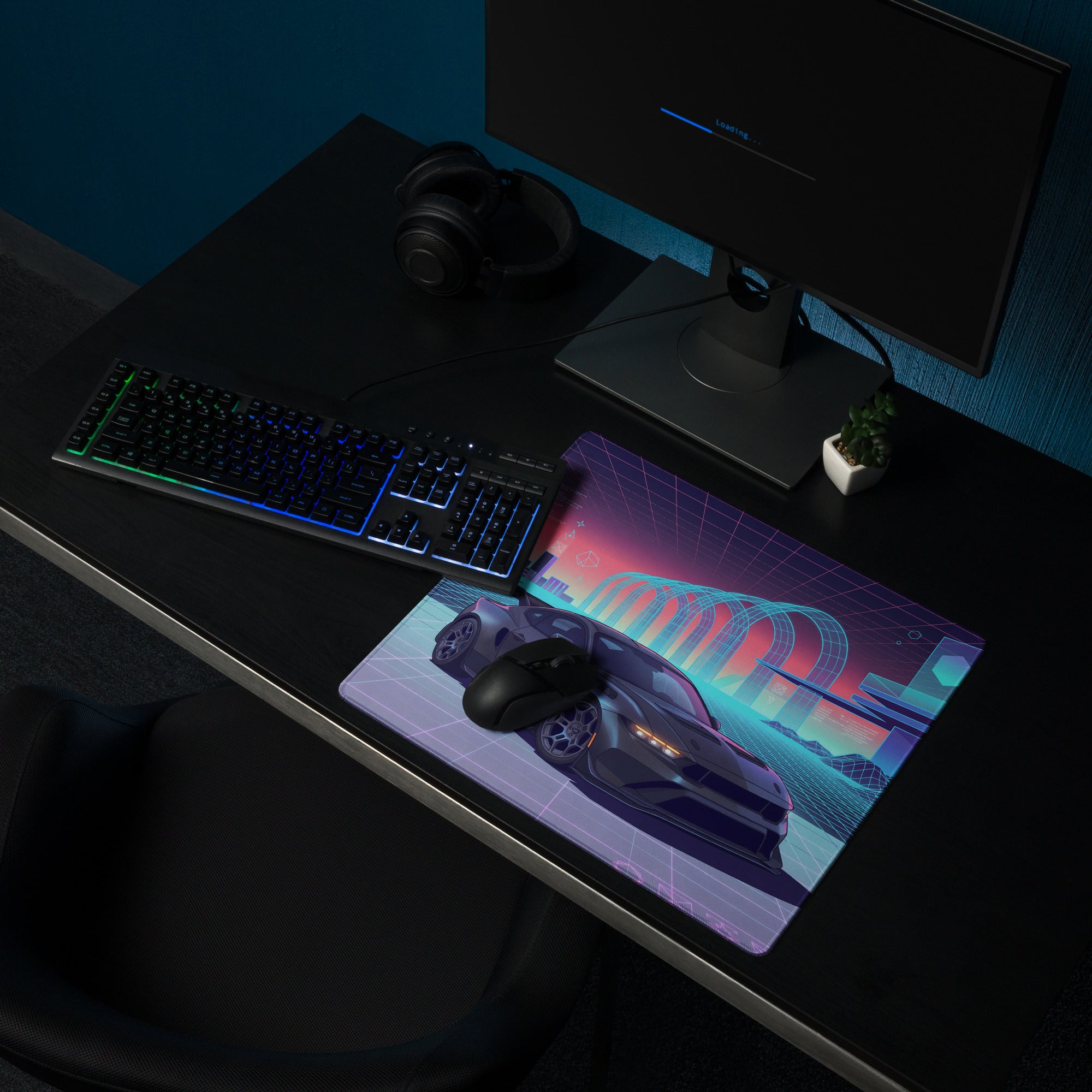 Ford Mustang GTD Inspired Black Vaporwave Gaming Mouse Pad – Neon Cyan Pink Cyber Grid Desk Mat with Retro Futuristic Digital City Art