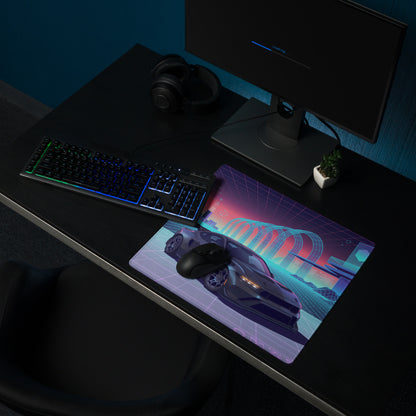 Ford Mustang GTD Inspired Black Vaporwave Gaming Mouse Pad – Neon Cyan Pink Cyber Grid Desk Mat with Retro Futuristic Digital City Art