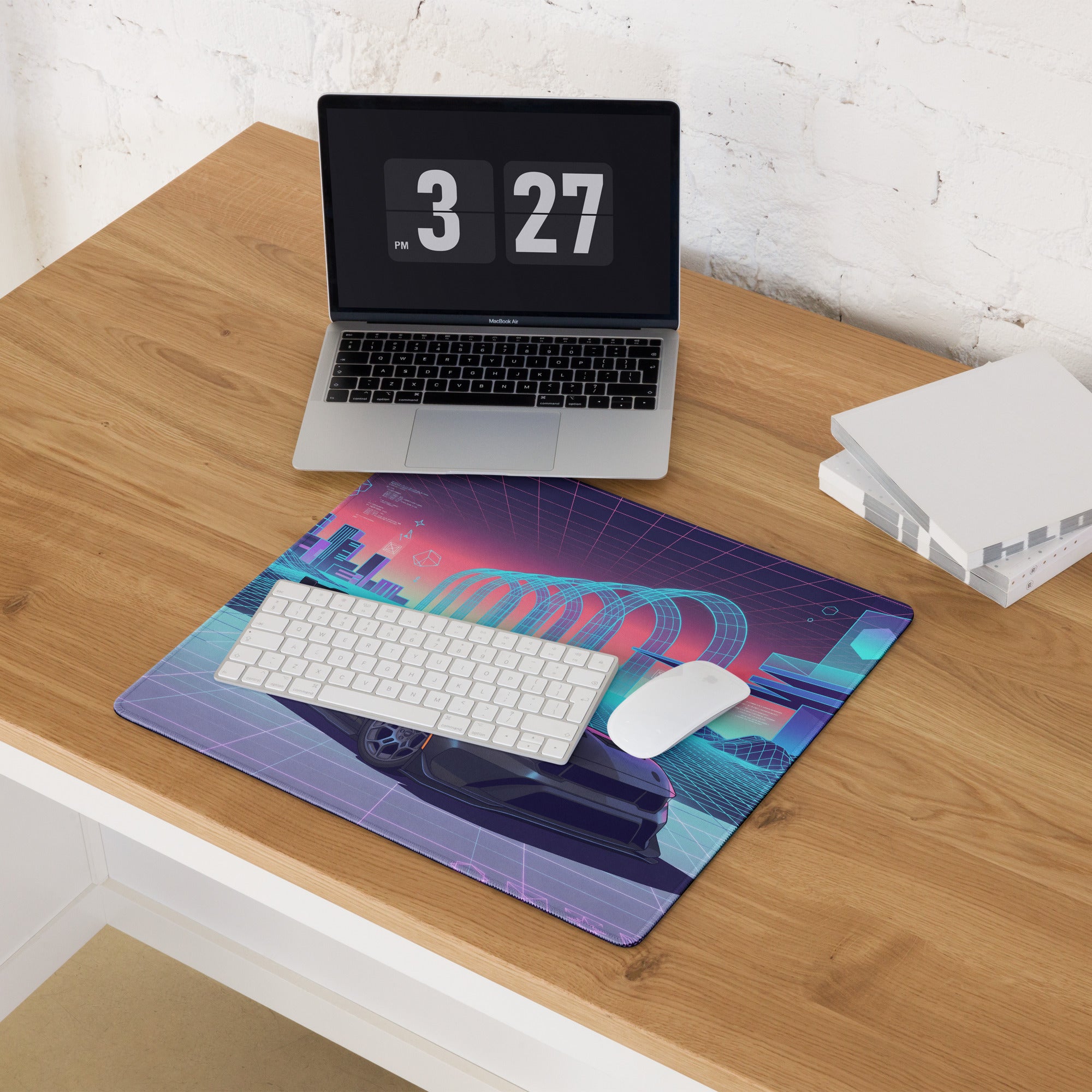 Ford Mustang GTD Inspired Black Vaporwave Gaming Mouse Pad – Neon Cyan Pink Cyber Grid Desk Mat with Retro Futuristic Digital City Art