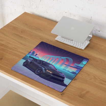 Ford Mustang GTD Inspired Black Vaporwave Gaming Mouse Pad – Neon Cyan Pink Cyber Grid Desk Mat with Retro Futuristic Digital City Art