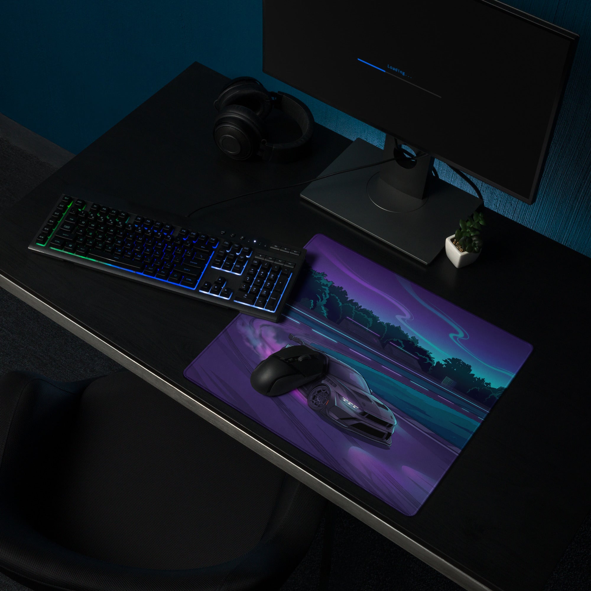 Ford Mustang GTD Inspired Black Vaporwave Gaming Mouse Pad – Neon Purple Drift Track Desk Mat with Cyan Night Racing and Retro Futuristic Art