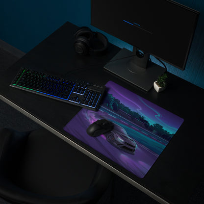 Ford Mustang GTD Inspired Black Vaporwave Gaming Mouse Pad – Neon Purple Drift Track Desk Mat with Cyan Night Racing and Retro Futuristic Art