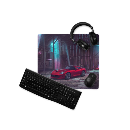 Dodge Viper SRT Inspired Red Vaporwave Gaming Mouse Pad – Neon Blue Rustic Barn Desk Mat with Retro Futuristic City Glow and Automotive Art