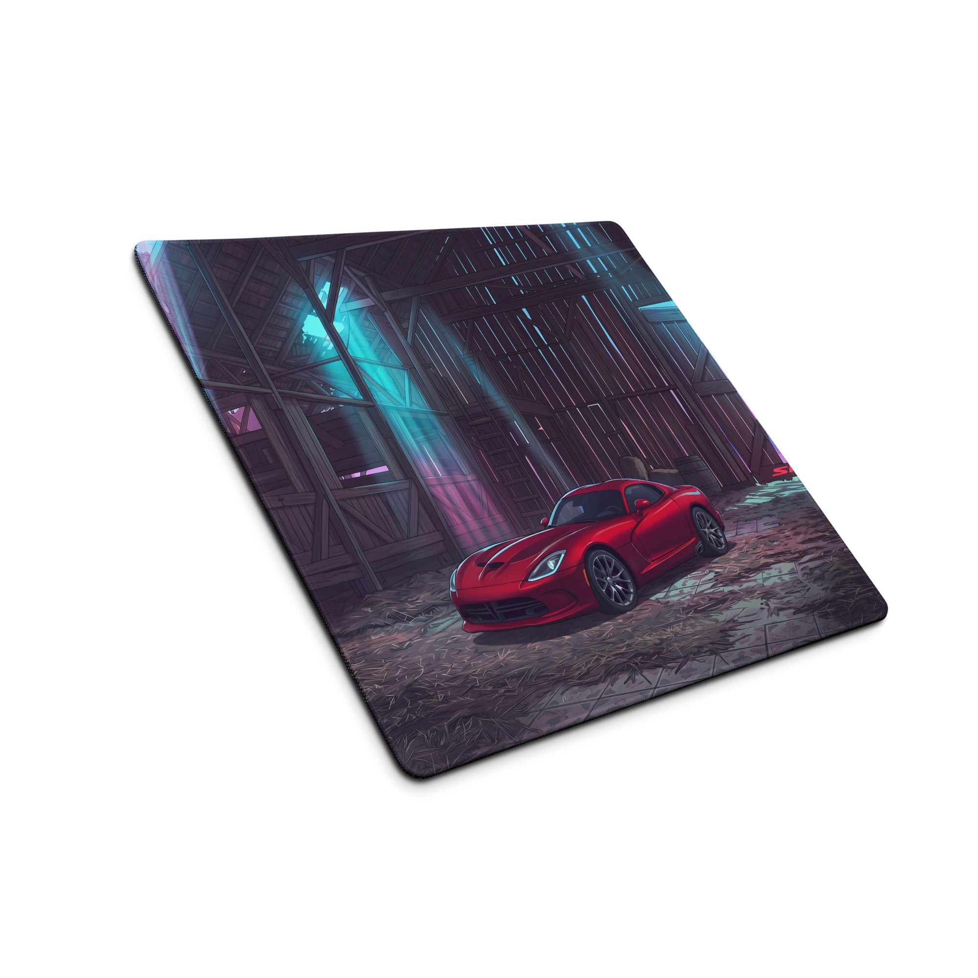 Dodge Viper SRT Inspired Red Vaporwave Gaming Mouse Pad – Neon Blue Rustic Barn Desk Mat with Retro Futuristic City Glow and Automotive Art