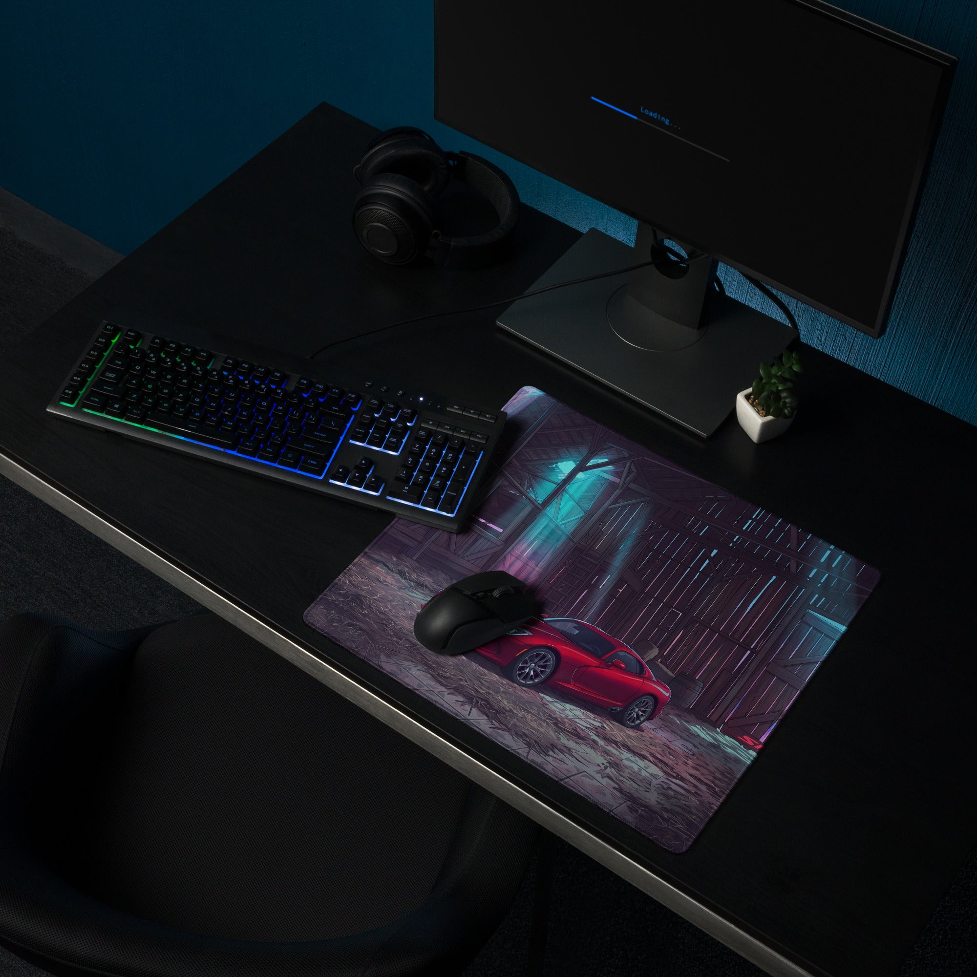 Dodge Viper SRT Inspired Red Vaporwave Gaming Mouse Pad – Neon Blue Rustic Barn Desk Mat with Retro Futuristic City Glow and Automotive Art
