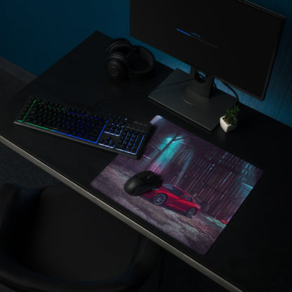 Dodge Viper SRT Inspired Red Vaporwave Gaming Mouse Pad – Neon Blue Rustic Barn Desk Mat with Retro Futuristic City Glow and Automotive Art