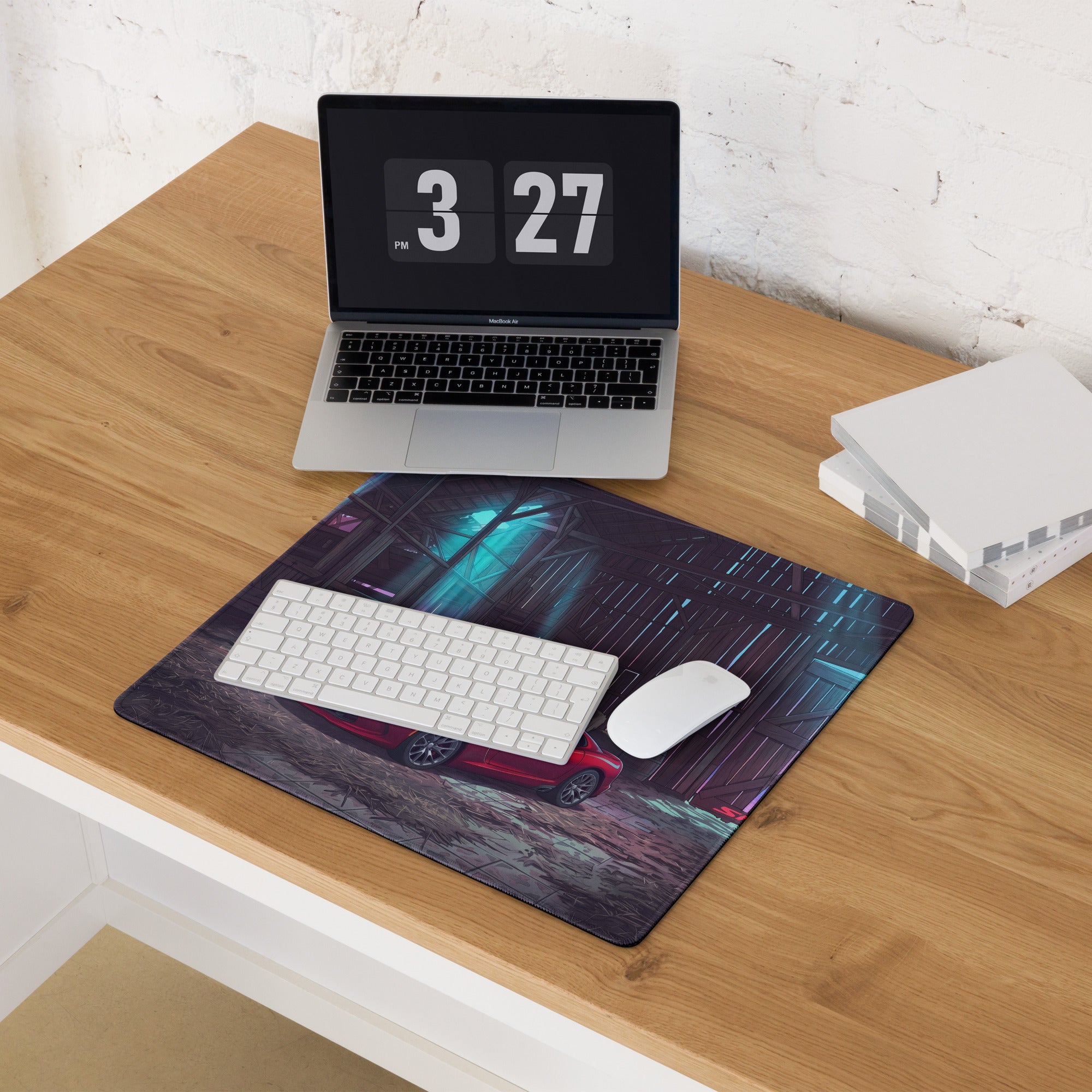 Dodge Viper SRT Inspired Red Vaporwave Gaming Mouse Pad – Neon Blue Rustic Barn Desk Mat with Retro Futuristic City Glow and Automotive Art