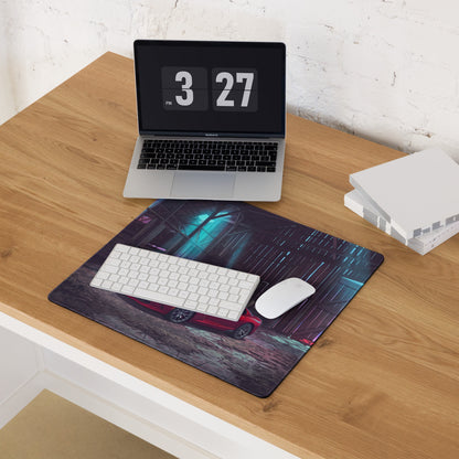 Dodge Viper SRT Inspired Red Vaporwave Gaming Mouse Pad – Neon Blue Rustic Barn Desk Mat with Retro Futuristic City Glow and Automotive Art