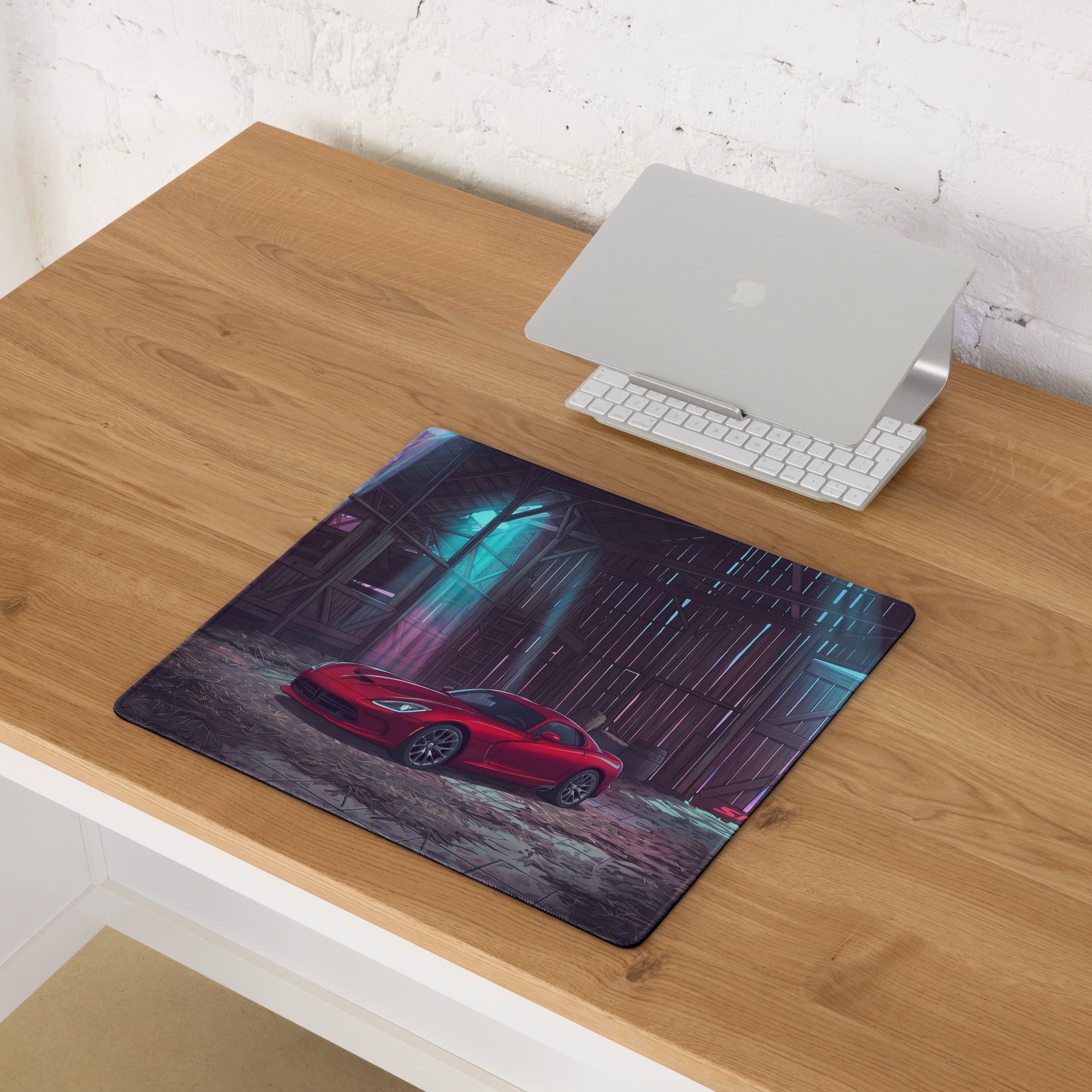Dodge Viper SRT Inspired Red Vaporwave Gaming Mouse Pad – Neon Blue Rustic Barn Desk Mat with Retro Futuristic City Glow and Automotive Art