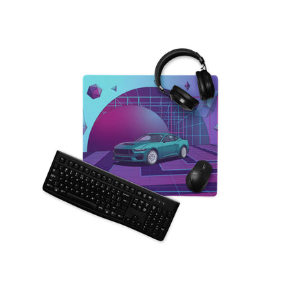 Ford Mustang GT Inspired Teal Vaporwave Gaming Mouse Pad – Purple Neon Geometric Desk Mat with Floating Crystals and Retro Futuristic Grid Art