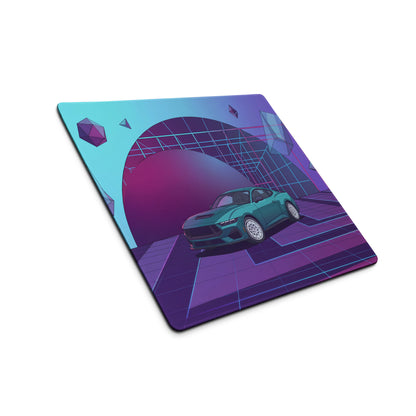Ford Mustang GT Inspired Teal Vaporwave Gaming Mouse Pad – Purple Neon Geometric Desk Mat with Floating Crystals and Retro Futuristic Grid Art