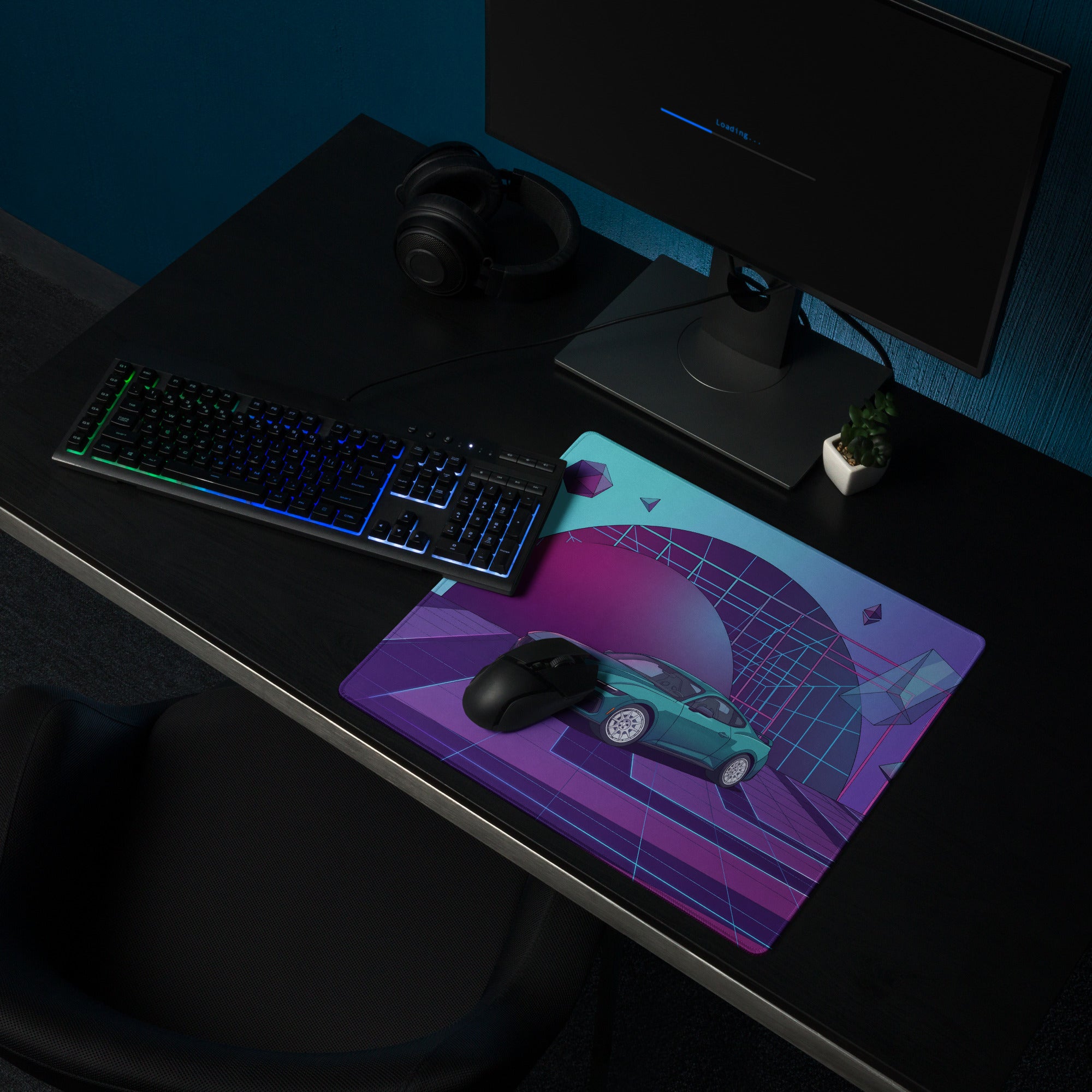 Ford Mustang GT Inspired Teal Vaporwave Gaming Mouse Pad – Purple Neon Geometric Desk Mat with Floating Crystals and Retro Futuristic Grid Art