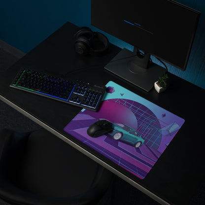 Ford Mustang GT Inspired Teal Vaporwave Gaming Mouse Pad – Purple Neon Geometric Desk Mat with Floating Crystals and Retro Futuristic Grid Art