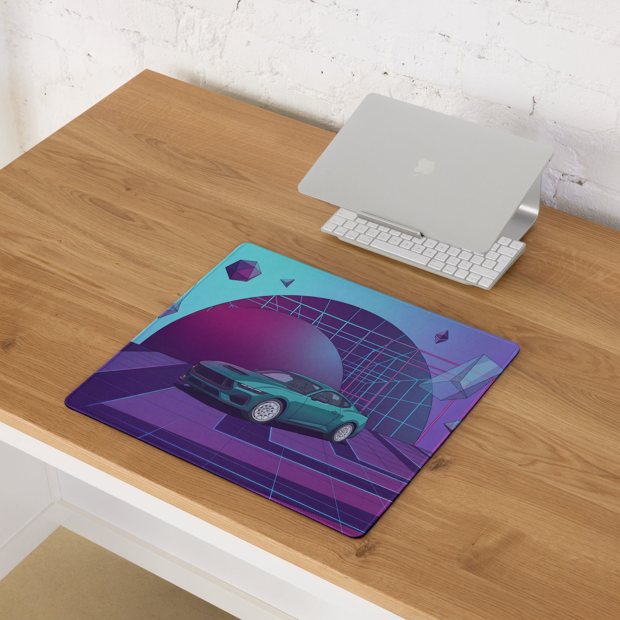 Ford Mustang GT Inspired Teal Vaporwave Gaming Mouse Pad – Purple Neon Geometric Desk Mat with Floating Crystals and Retro Futuristic Grid Art