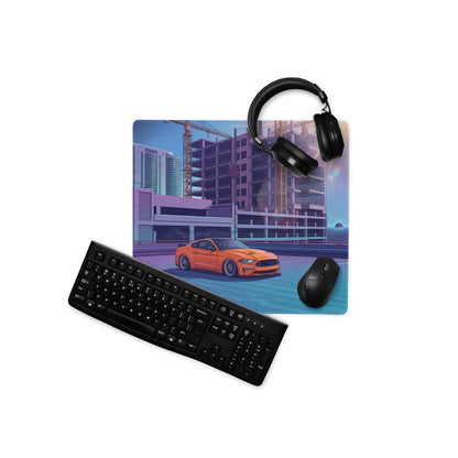 Ford Mustang GT Inspired Orange Vaporwave Gaming Mouse Pad – Blue Purple Rooftop City Desk Mat with Retro Futuristic Construction Skyline Art