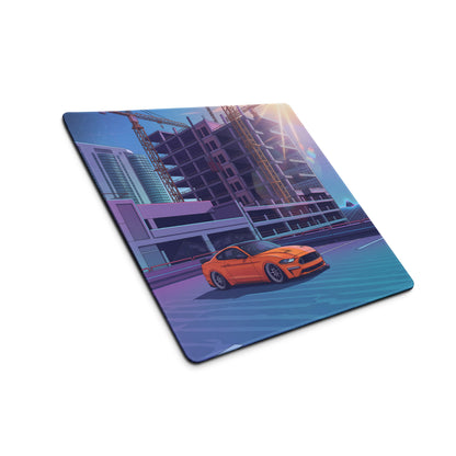 Ford Mustang GT Inspired Orange Vaporwave Gaming Mouse Pad – Blue Purple Rooftop City Desk Mat with Retro Futuristic Construction Skyline Art