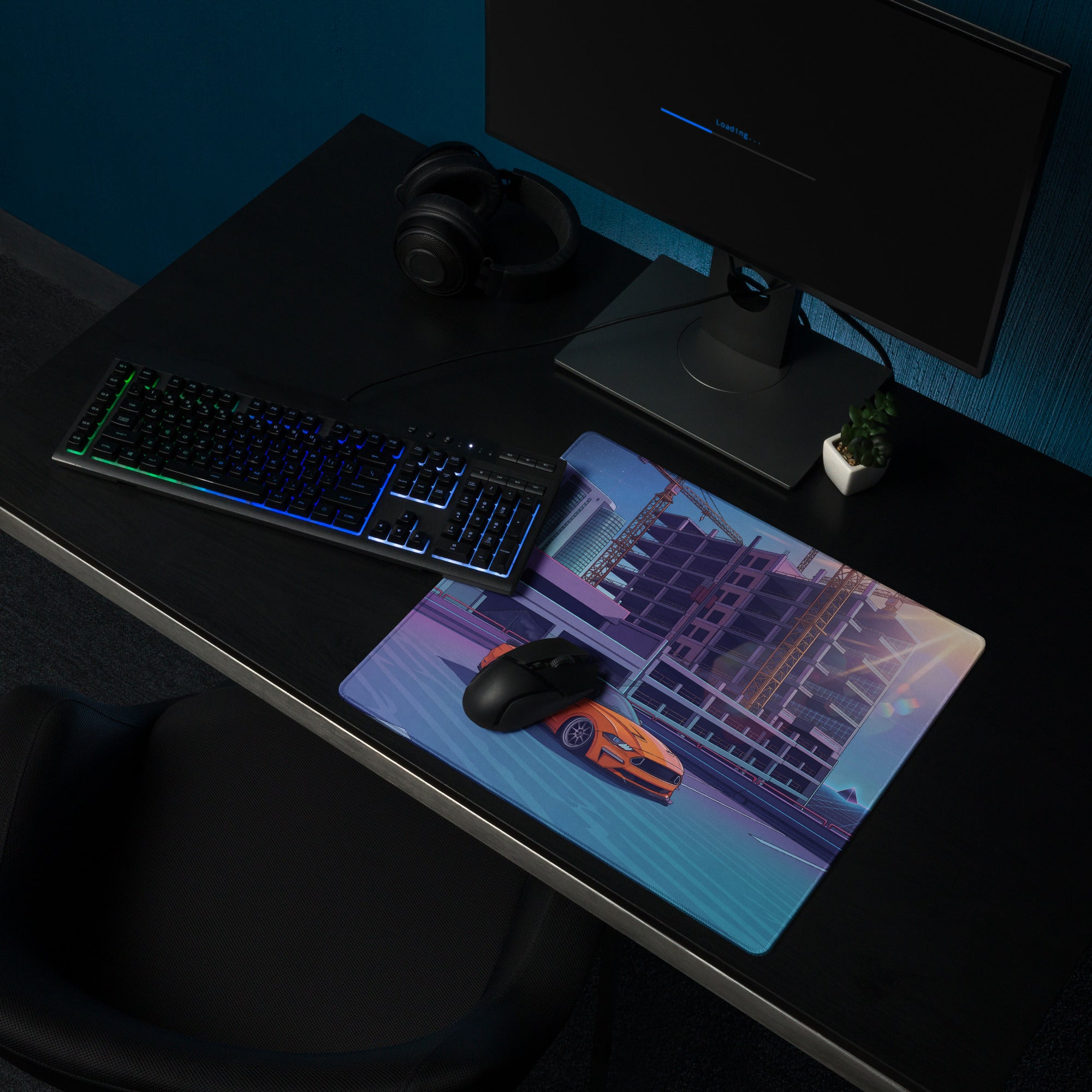 Ford Mustang GT Inspired Orange Vaporwave Gaming Mouse Pad – Blue Purple Rooftop City Desk Mat with Retro Futuristic Construction Skyline Art