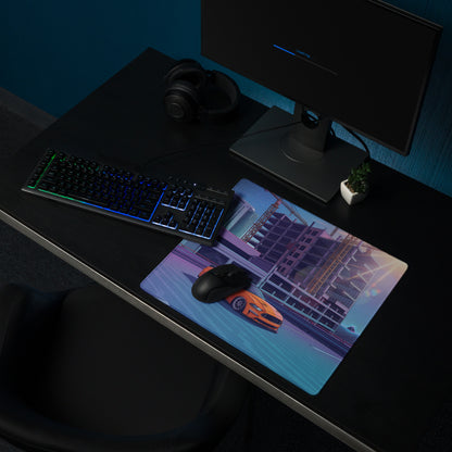 Ford Mustang GT Inspired Orange Vaporwave Gaming Mouse Pad – Blue Purple Rooftop City Desk Mat with Retro Futuristic Construction Skyline Art