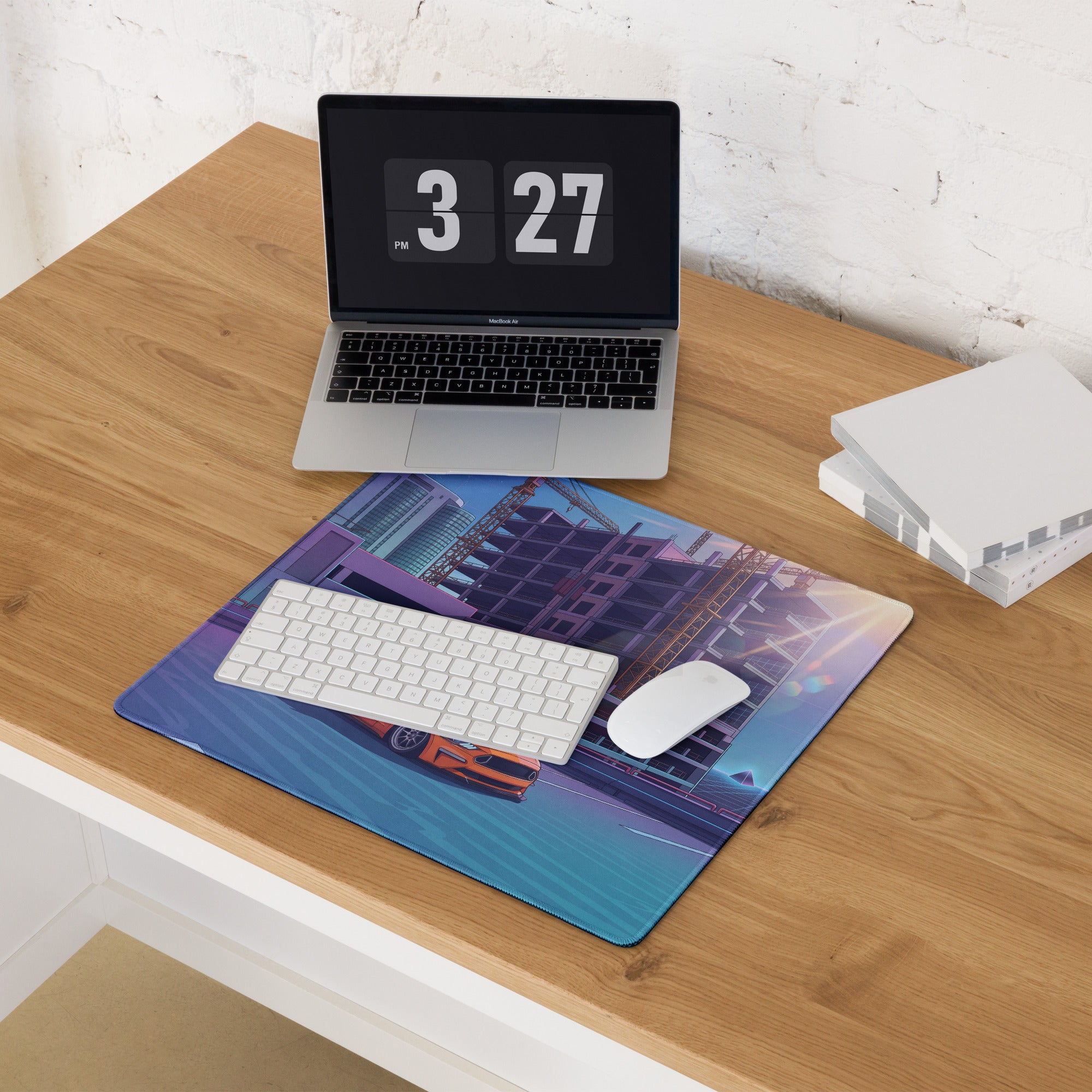 Ford Mustang GT Inspired Orange Vaporwave Gaming Mouse Pad – Blue Purple Rooftop City Desk Mat with Retro Futuristic Construction Skyline Art