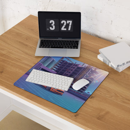 Ford Mustang GT Inspired Orange Vaporwave Gaming Mouse Pad – Blue Purple Rooftop City Desk Mat with Retro Futuristic Construction Skyline Art