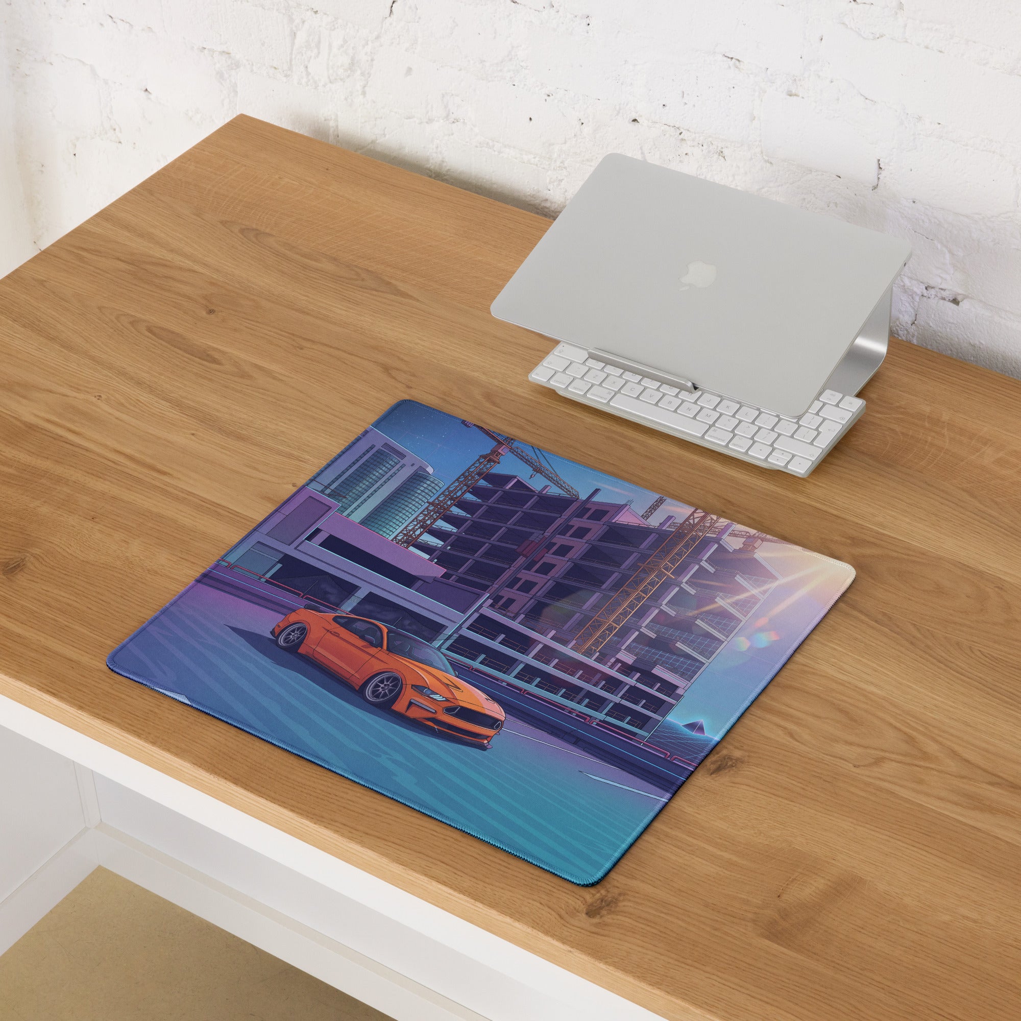 Ford Mustang GT Inspired Orange Vaporwave Gaming Mouse Pad – Blue Purple Rooftop City Desk Mat with Retro Futuristic Construction Skyline Art