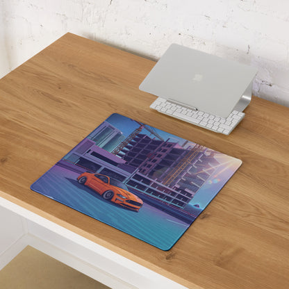 Ford Mustang GT Inspired Orange Vaporwave Gaming Mouse Pad – Blue Purple Rooftop City Desk Mat with Retro Futuristic Construction Skyline Art