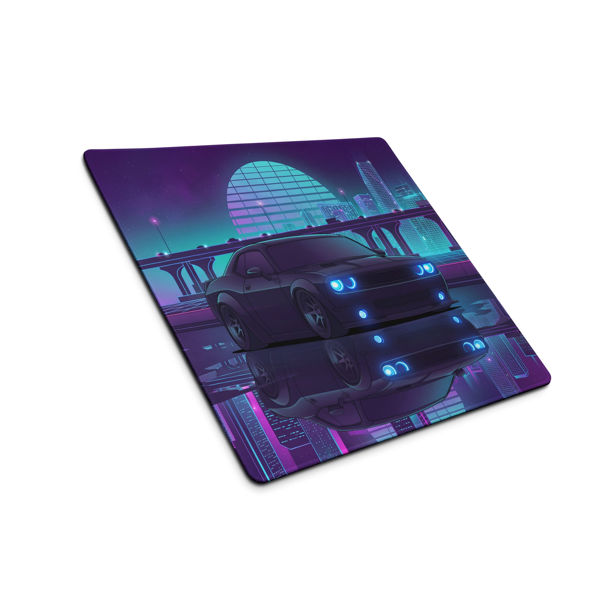 Dodge Challenger SRT Hellcat Inspired Black Vaporwave Gaming Mouse Pad – Neon Blue Purple City Skyline Desk Mat with Retro Futuristic Reflection Art