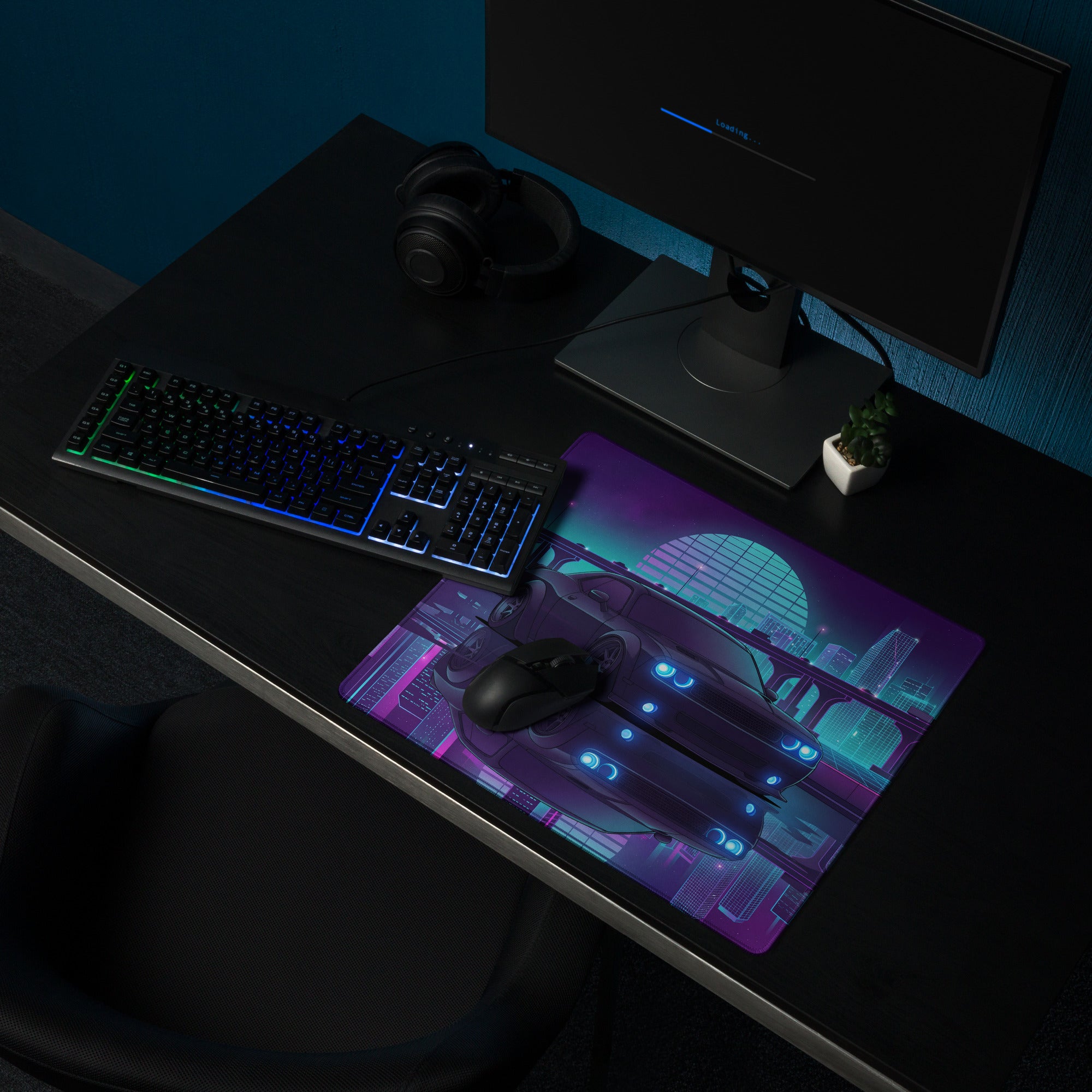 Dodge Challenger SRT Hellcat Inspired Black Vaporwave Gaming Mouse Pad – Neon Blue Purple City Skyline Desk Mat with Retro Futuristic Reflection Art
