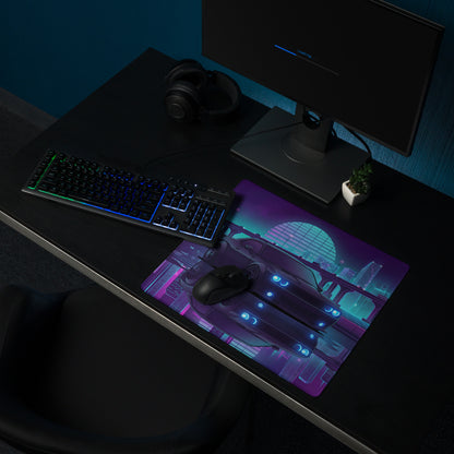 Dodge Challenger SRT Hellcat Inspired Black Vaporwave Gaming Mouse Pad – Neon Blue Purple City Skyline Desk Mat with Retro Futuristic Reflection Art